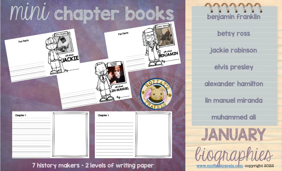 January biography mini chapter book cover showing sample books, seven subjects, and two writing-paper levels