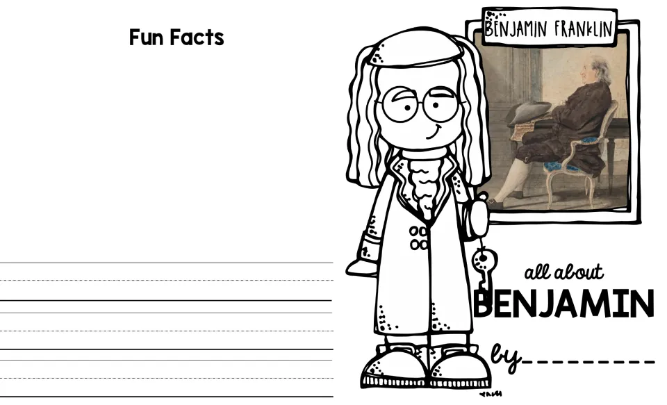 Benjamin Franklin mini book cover and Fun Facts section, with a portrait and space for the student's name