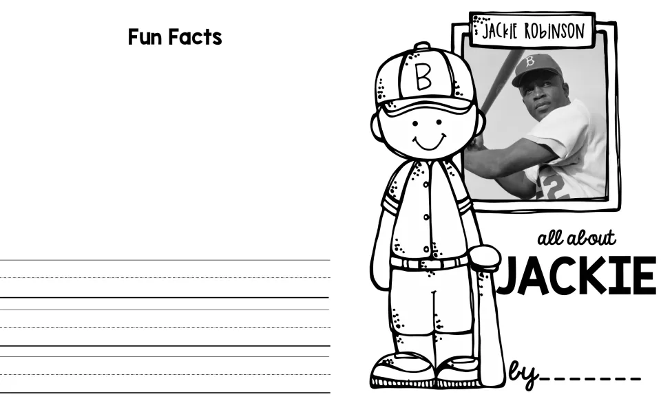 Jackie Robinson mini book cover and Fun Facts section, with a baseball photo and space for the author's name