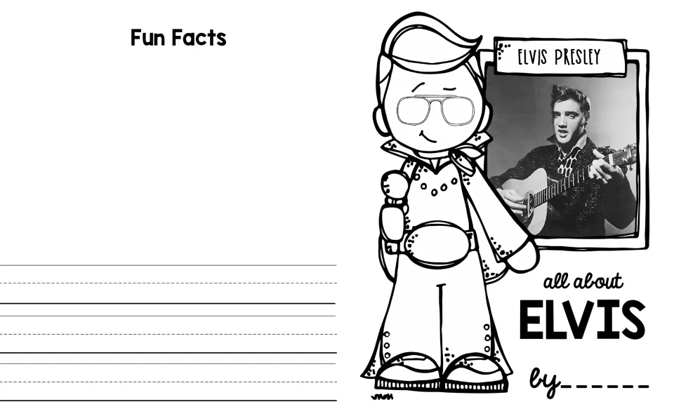 Elvis Presley mini book cover and Fun Facts section, with a guitar performance photo and an author name space