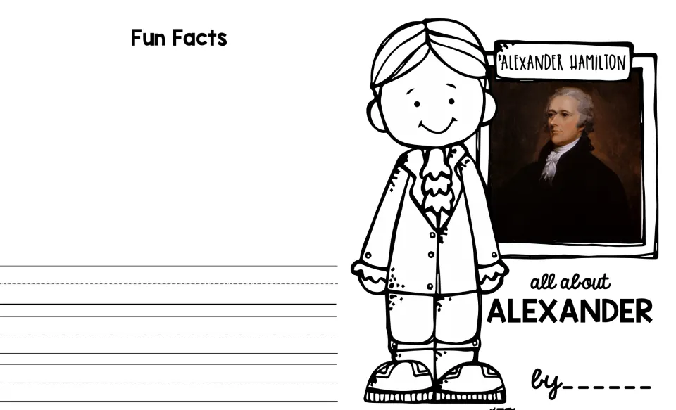 Alexander Hamilton mini book cover and Fun Facts section, with a portrait and space for the student's name