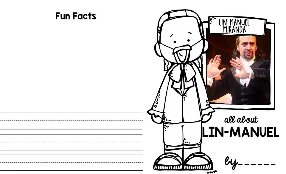 Lin-Manuel Miranda mini book cover and Fun Facts section, with a performance photo and an author name space