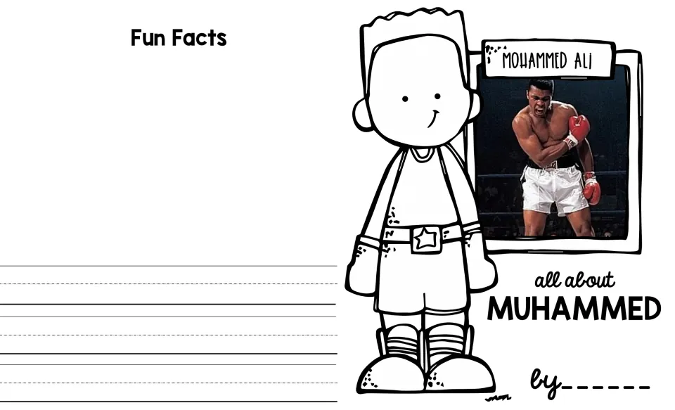 Muhammed Ali mini book cover and Fun Facts section, with a boxing photo and space for the student's name