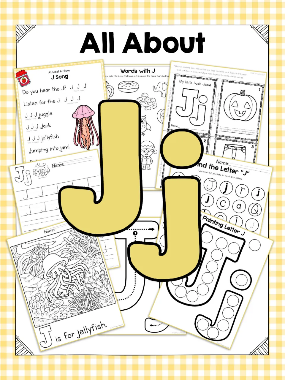 Cover of the letter J unit, featuring uppercase J and lowercase j over samples of tracing and coloring activities