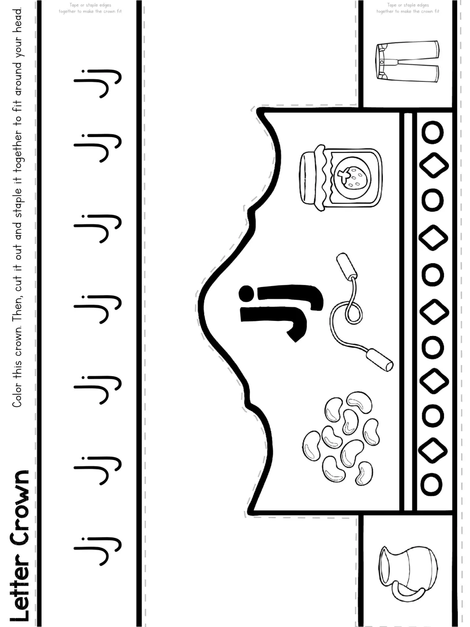 Letter J crown craft to color, cut, and assemble, featuring Jj, jelly beans, a jump rope, jam, a jug, and jeans