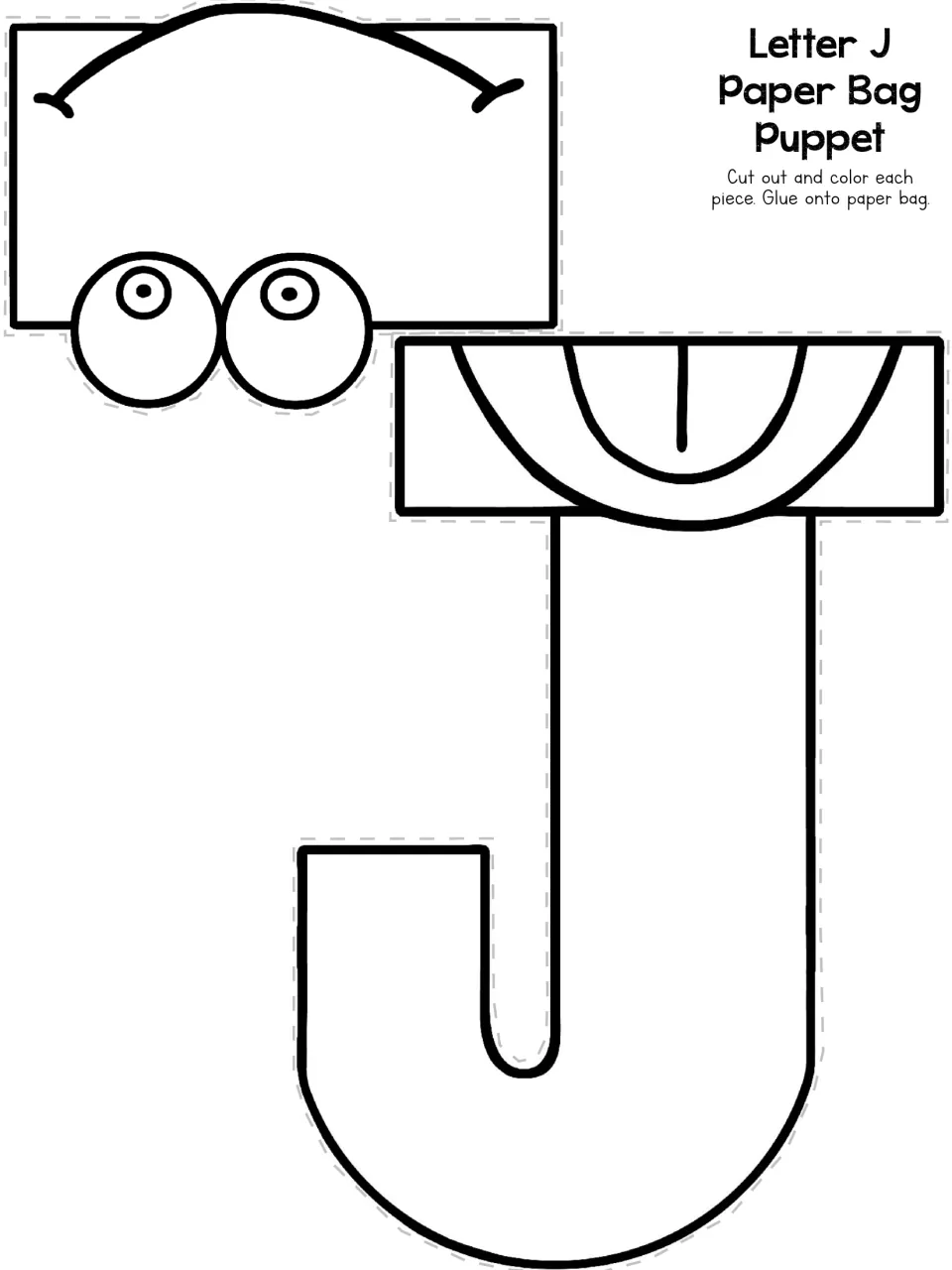 Letter J paper bag puppet template includes a large J and face pieces to cut out, color, and glue onto a bag