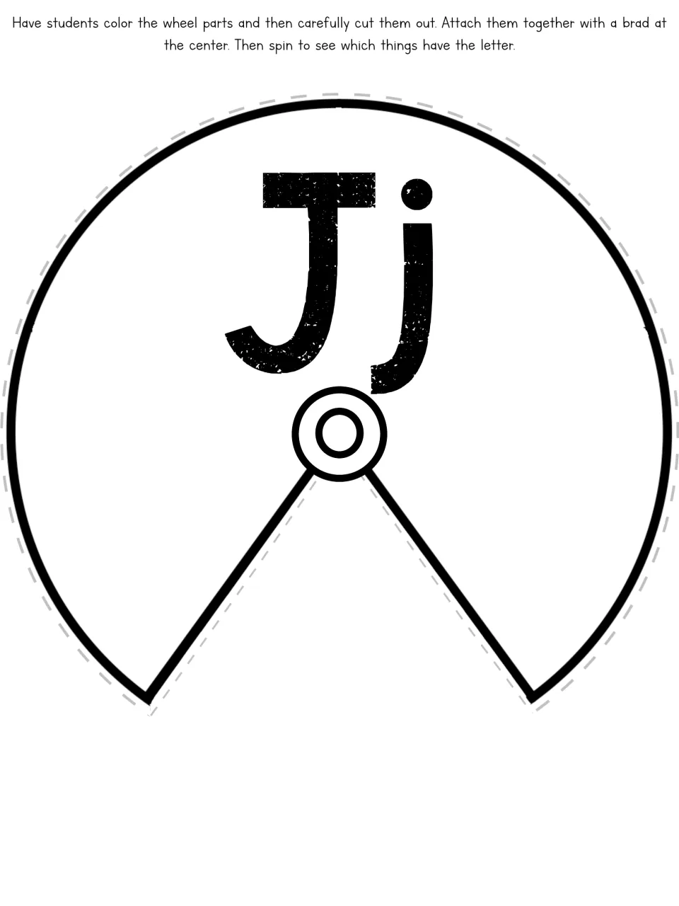 Letter J vocabulary wheel top shows Jj and a cutaway opening; directions say to join the parts with a brad