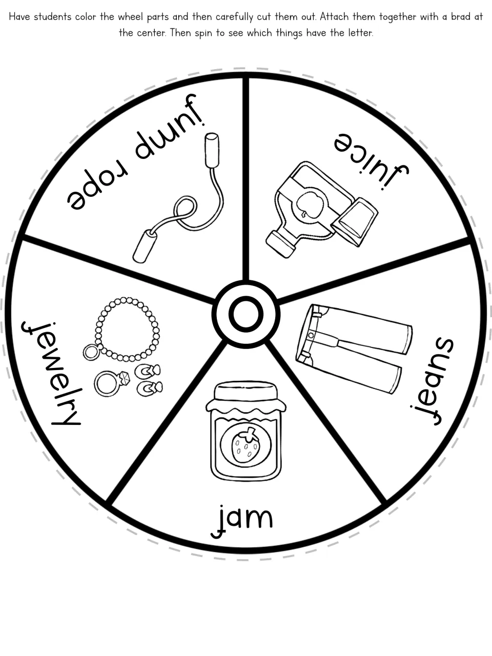 Letter J vocabulary wheel base has five labeled pictures: jump rope, juice, jeans, jam, and jewelry