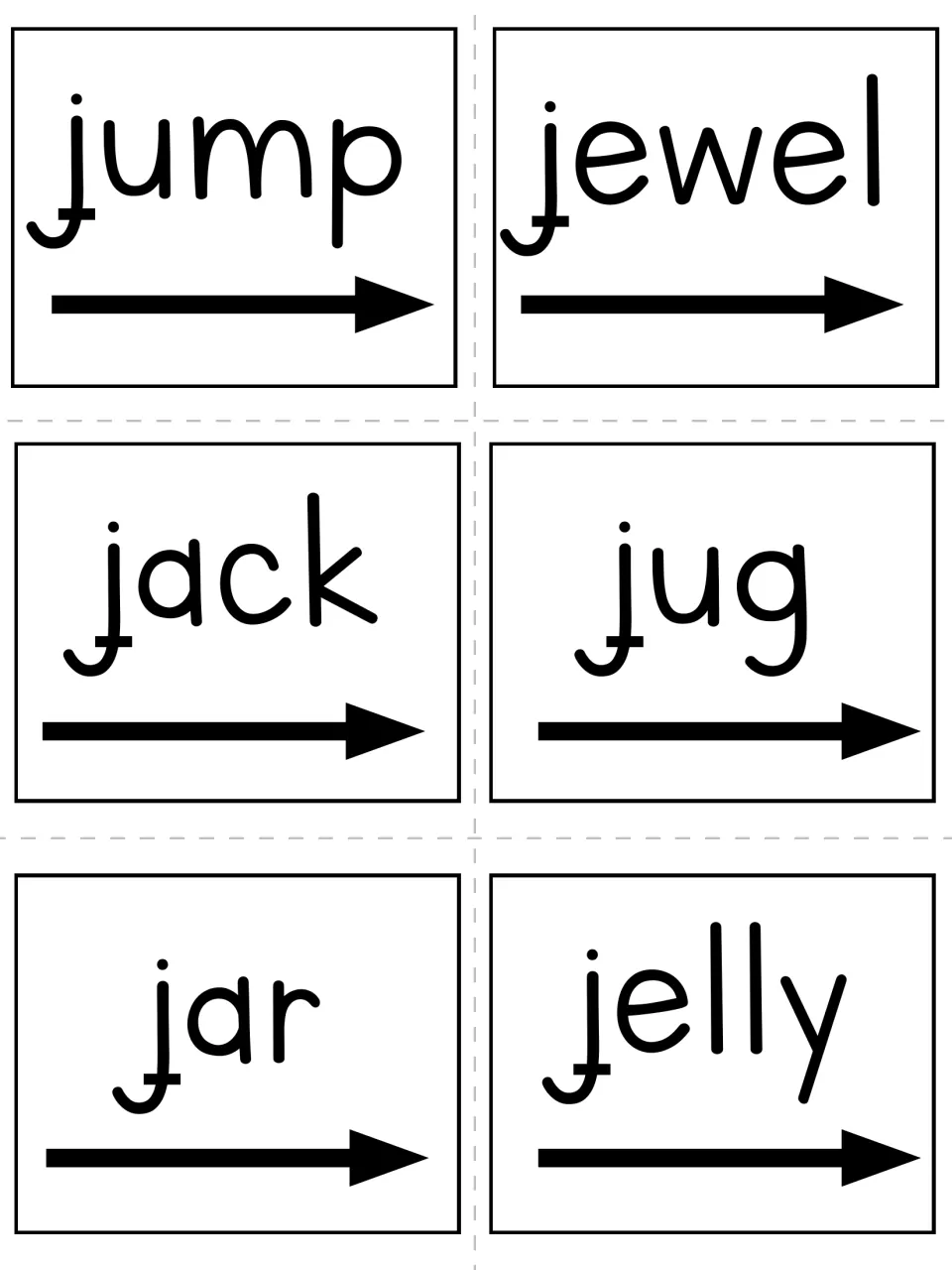 Six letter J word cards on one sheet show jump, jewel, jack, jug, jar, and jelly, each above a right-pointing arrow