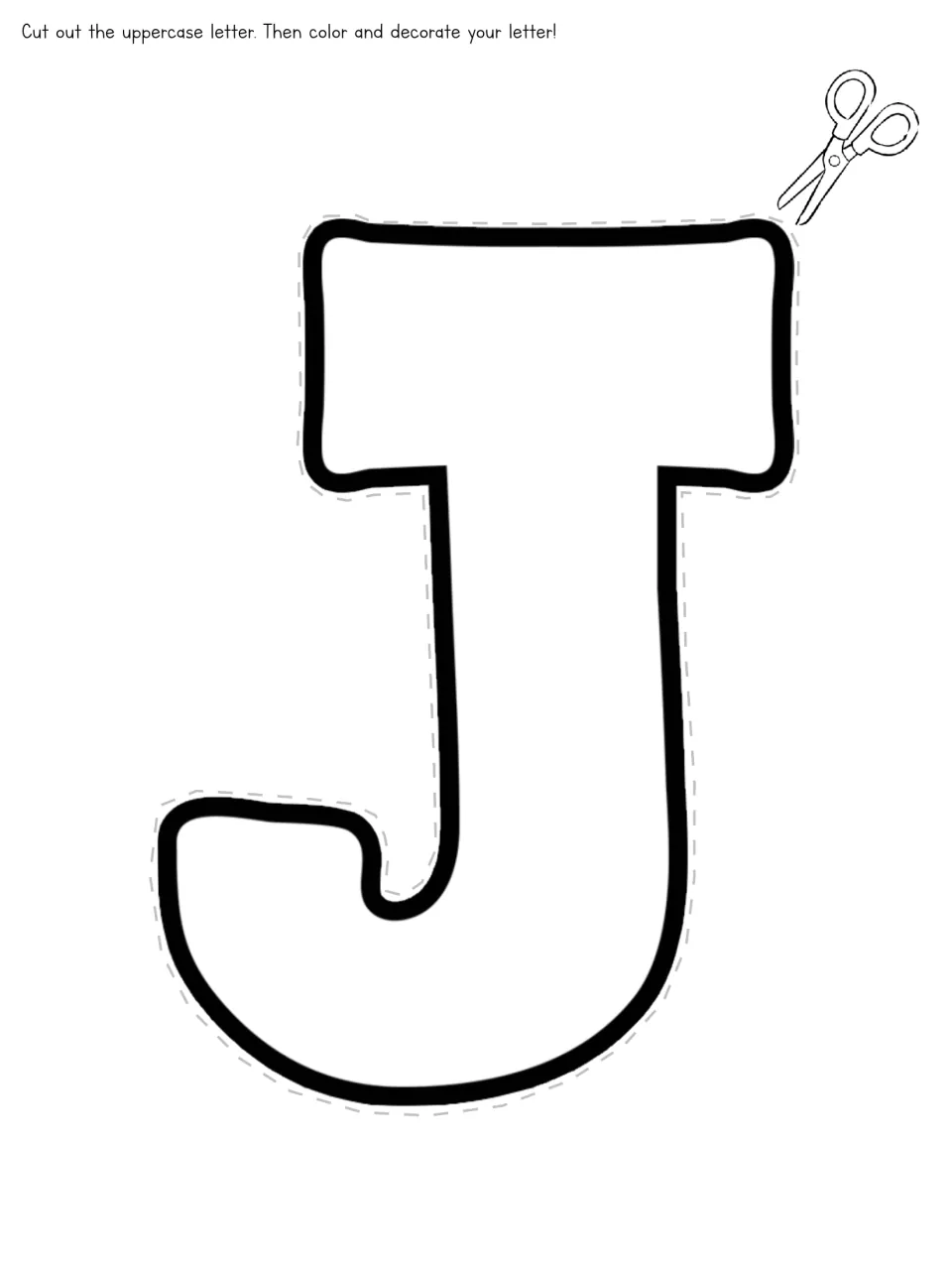 Uppercase J cutout template in the letter unit, with directions to cut out, color, and decorate the letter