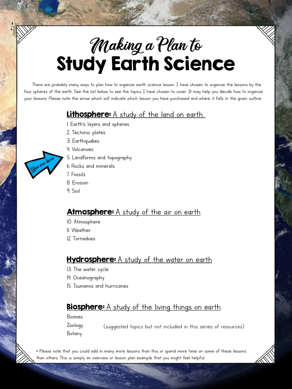 Earth science plan: 15 lessons ordered by lithosphere, atmosphere, hydrosphere and biosphere, arrow on lesson 5, landforms