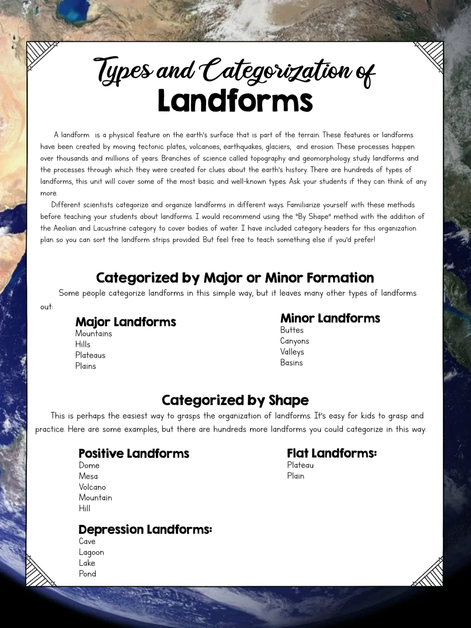 Types and Categorization of Landforms: landform definition, then examples sorted as major or minor and by shape