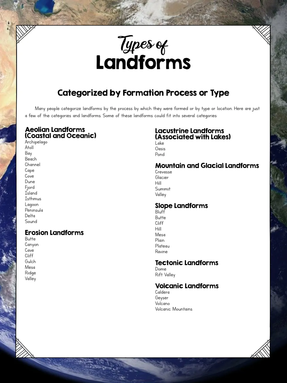 Types of Landforms by formation process: aeolian, lacustrine, erosion, glacial, slope, tectonic and volcanic examples