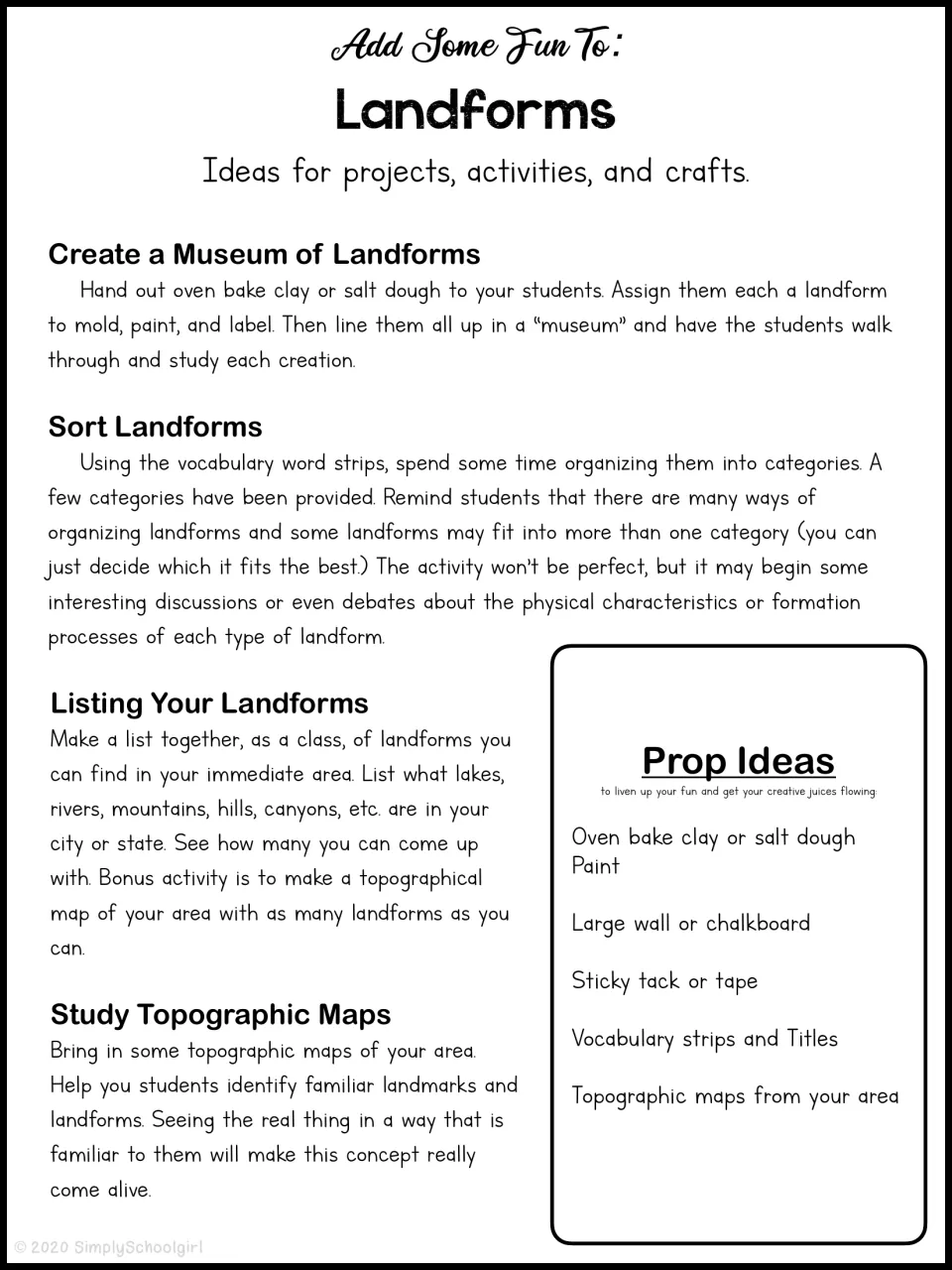 Landform project ideas: clay landform museum, sorting word strips, listing local landforms and studying topographic maps