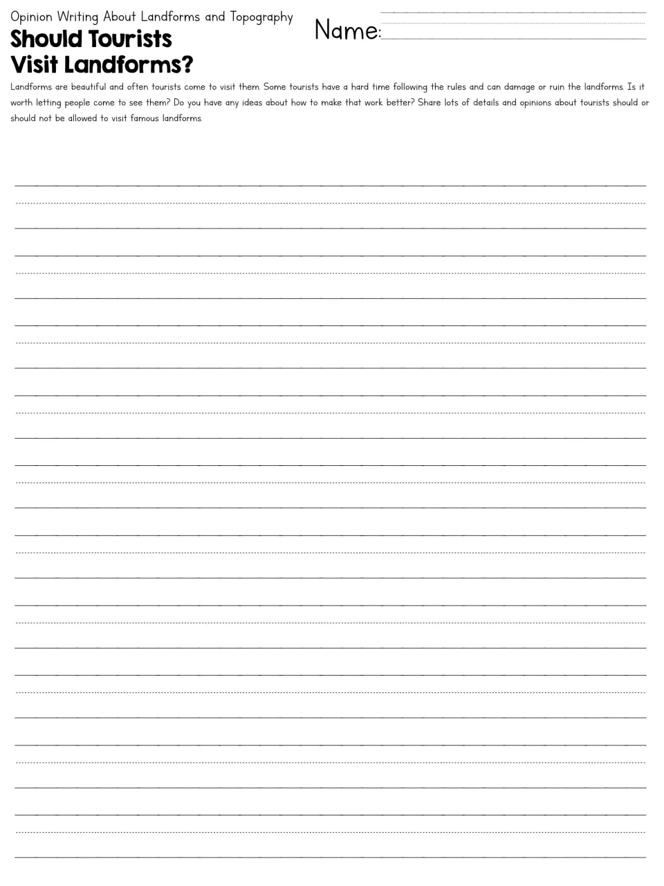 Opinion writing prompt on whether tourists should visit landforms: students argue a side and suggest ways to protect them