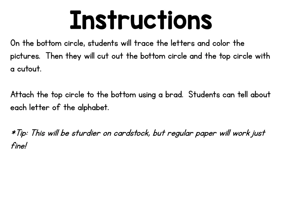 Instructions: students trace letters, color pictures, cut out both circles and join them with a brad to make a letter wheel