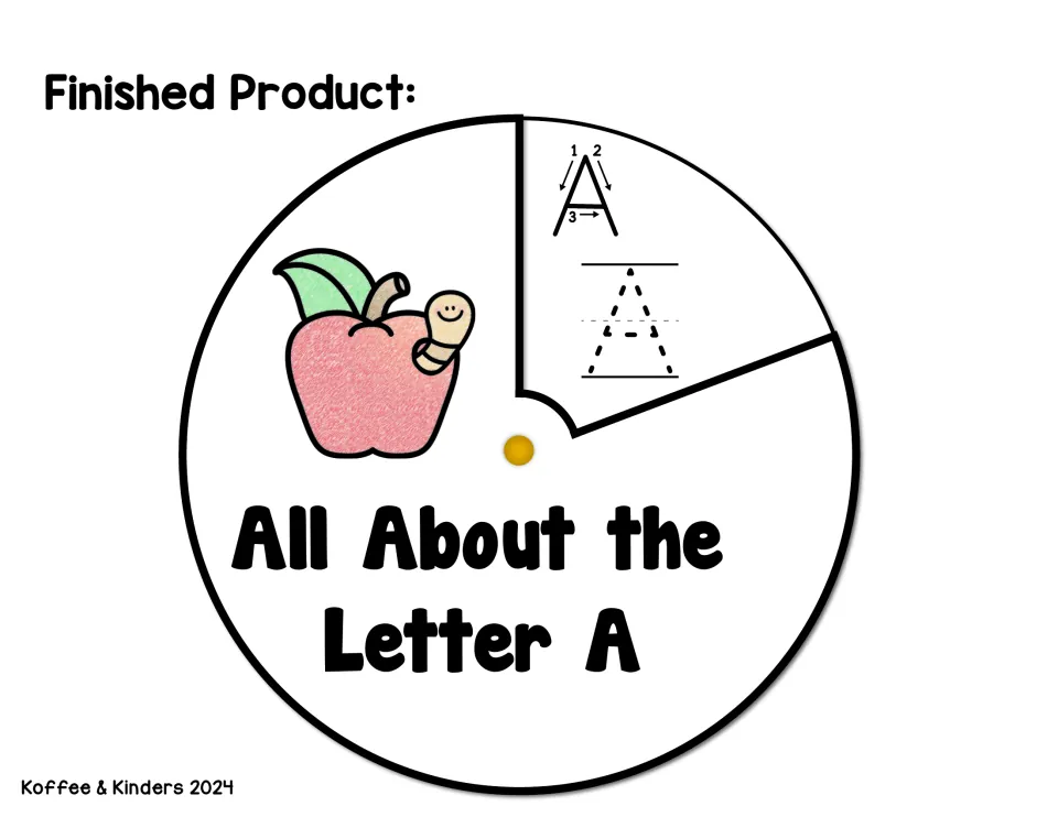 Finished letter A wheel: an apple with a worm on the top cover, turned to show an A stroke guide and a dotted A to trace