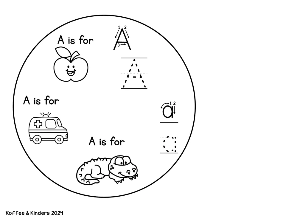 Letter A base wheel: students trace A and a using stroke arrows and color 'A is for' apple, ambulance and alligator