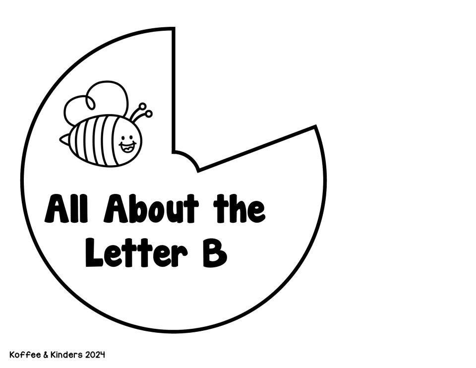 Letter B top cover piece: a smiling bee to color above 'All About the Letter B', cut out with a wedge window