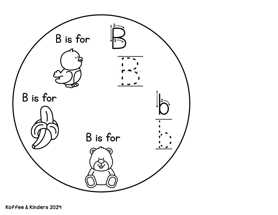 Letter B base wheel: students trace B and b using stroke arrows and color 'B is for' bird, banana and teddy bear