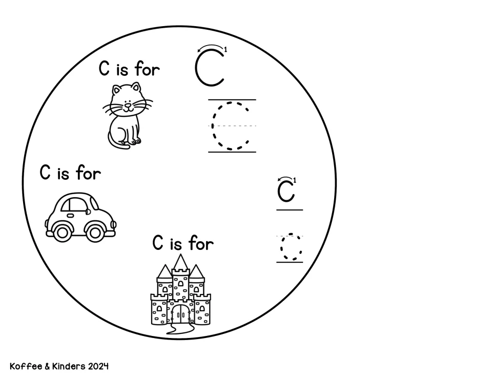 Letter C base wheel: students trace C and c using stroke arrows and color 'C is for' cat, car and castle