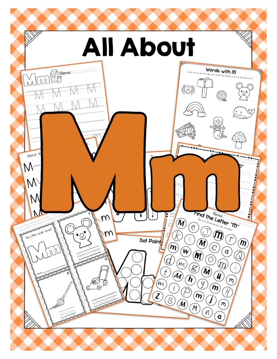Letter M unit cover titled 'All About' with uppercase M, lowercase m, and samples of letter activities
