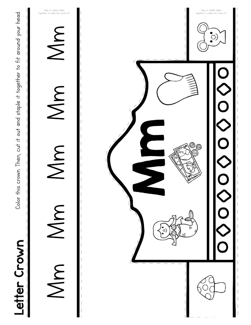 Letter M crown craft to color and cut out, featuring Mm, mermaid, money, mitten, mouse, and mushroom