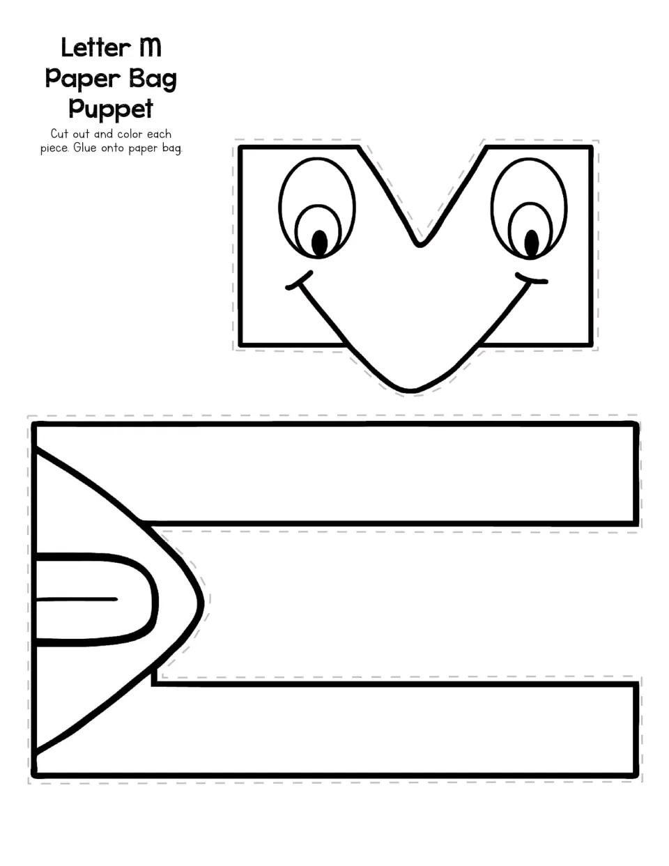 Letter M paper bag puppet template with a smiling M face and body pieces to cut, color, and glue