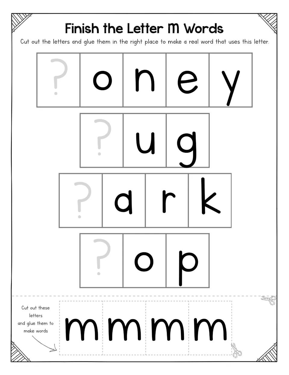 Letter M word completion activity: cut and glue four lowercase m letters to make money, mug, mark, and mop