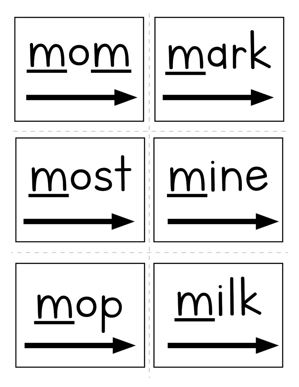 Six letter M word cards: mom, mark, most, mine, mop, and milk, with each m underlined and reading arrows