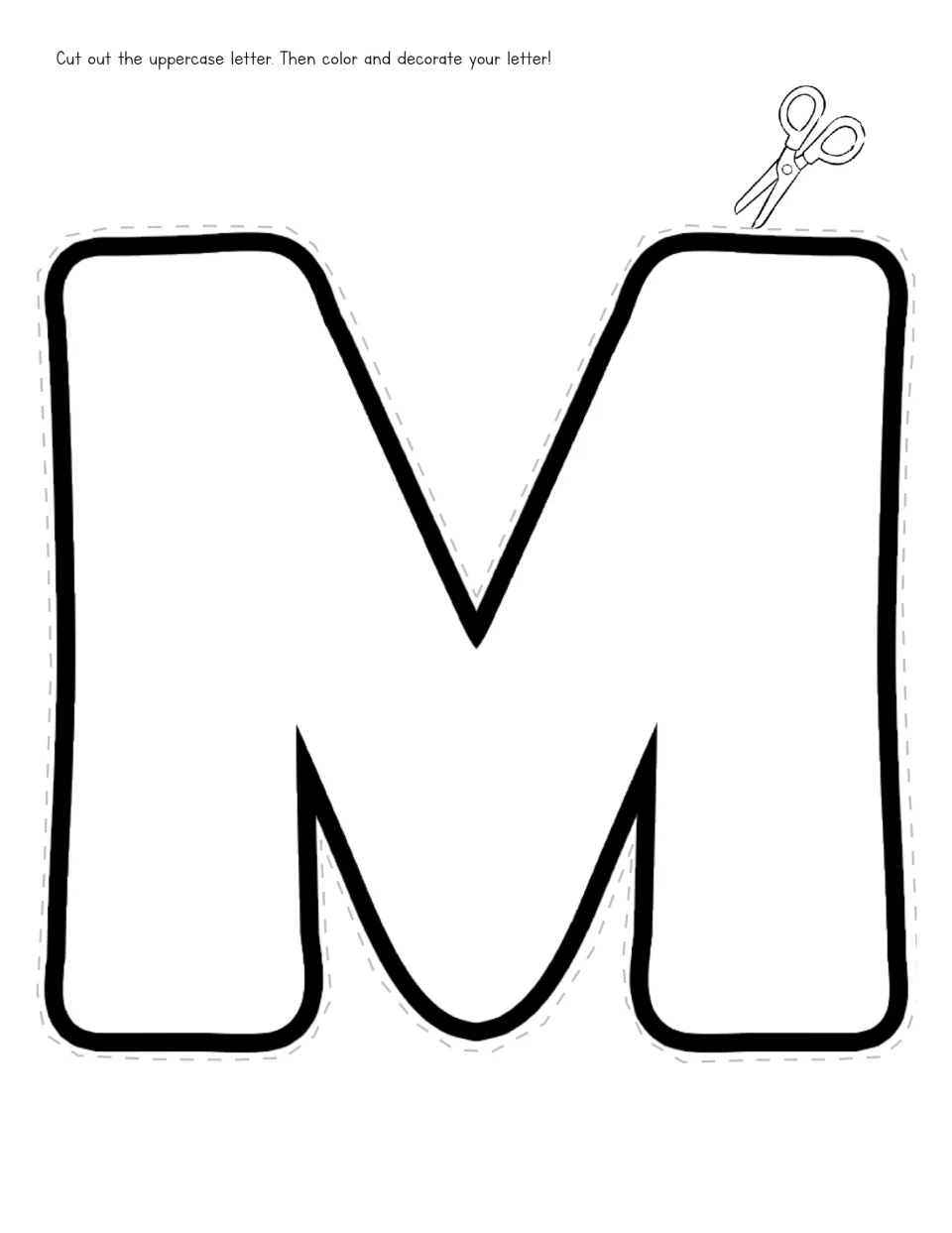 Uppercase M cutout template for the letter M unit, with directions to cut out, color, and decorate the letter