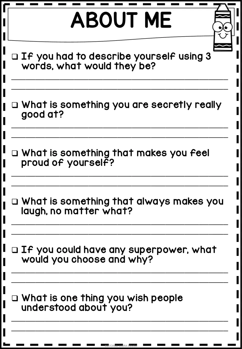 About Me questions: students name 3 words that describe them, a secret talent, what makes them proud and a superpower