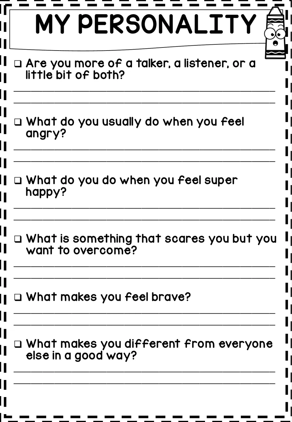 My Personality: students reflect on being a talker or listener, handling anger, fears to overcome and what makes them brave