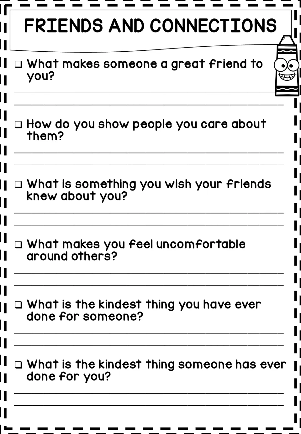 Friends and Connections: students reflect on what makes a great friend, showing care and the kindest thing done for someone