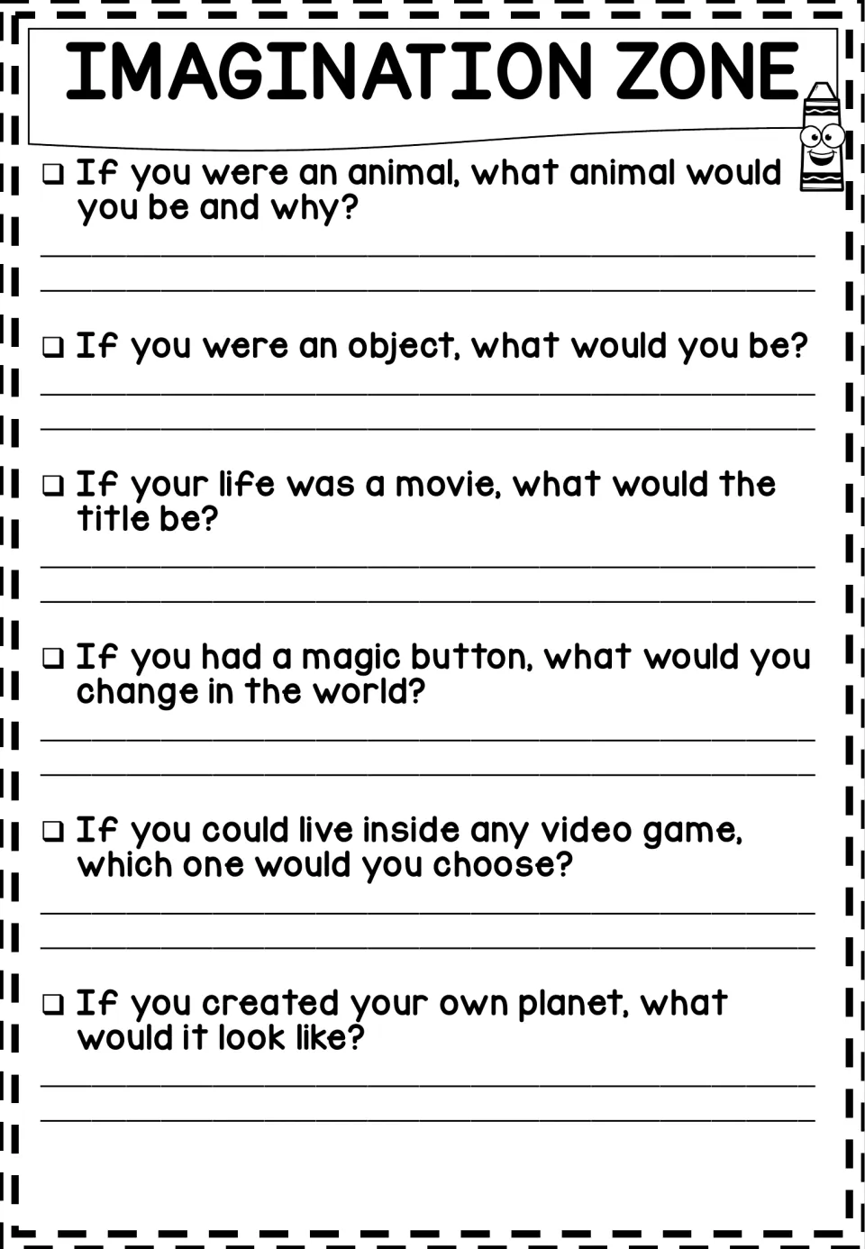Imagination Zone: students answer what-if prompts about being an animal, a movie title for their life and creating a planet