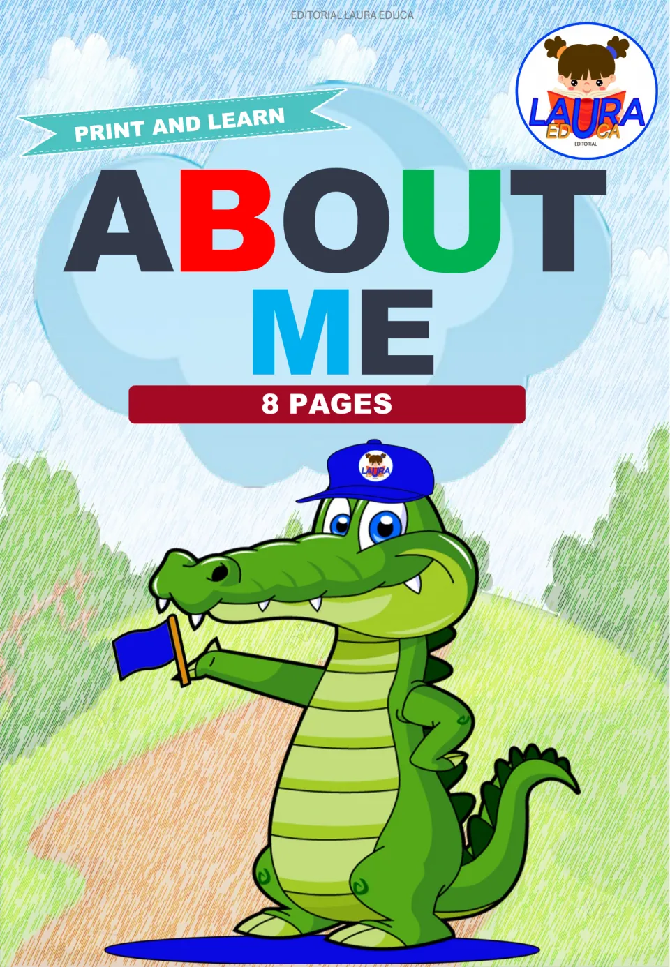 About Me 8-page minibook cover from Editorial Laura Educa, marked Print and Learn, with a cartoon crocodile holding a flag