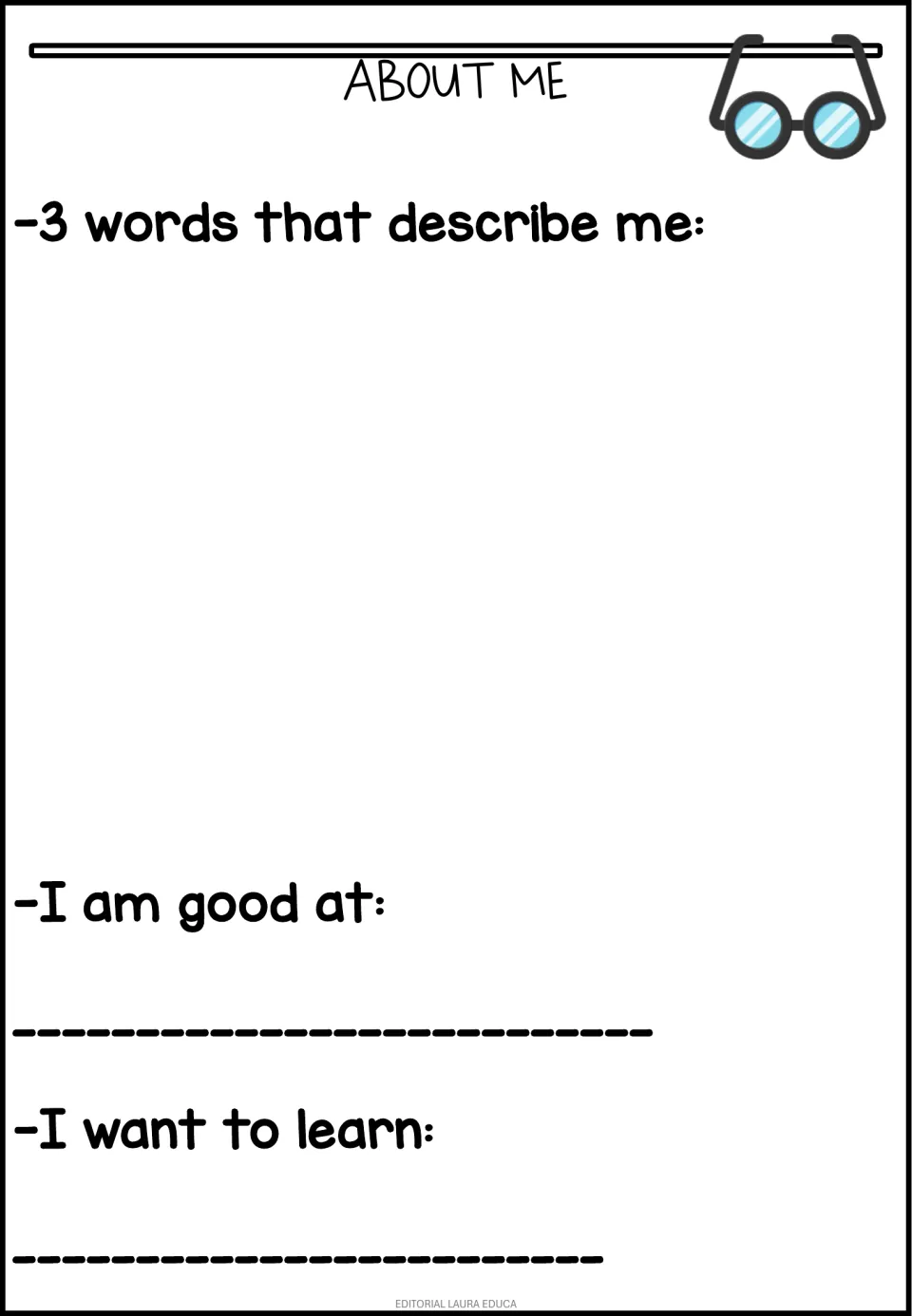 Self-description page: students list 3 words that describe them, then complete I am good at and I want to learn prompts