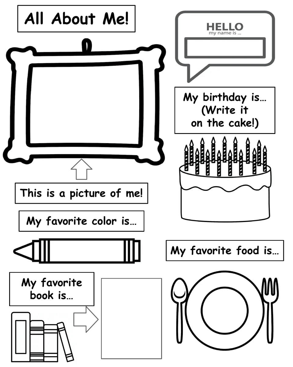 All About Me: students draw a self-portrait, write their name, birthday on a cake, and favorite color, food and book