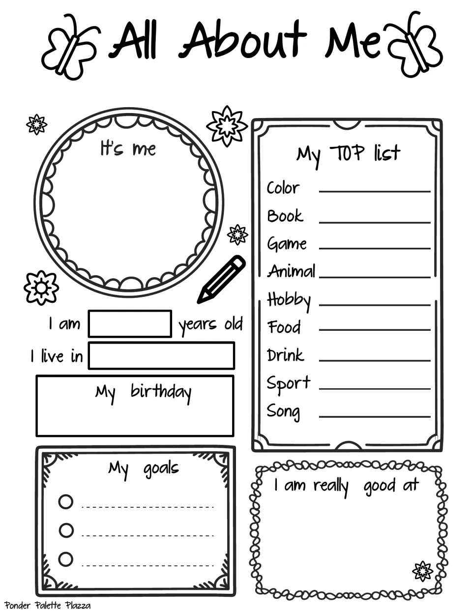 All About Me: students draw a self-portrait, write age, hometown, birthday, goals, strengths and a top list of favorites