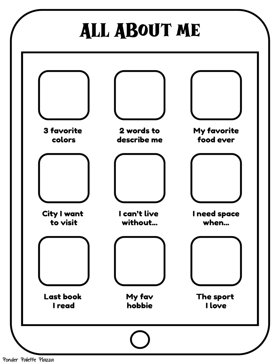 All About Me tablet: students answer 9 prompts such as 3 favorite colors, 2 words to describe me and city I want to visit