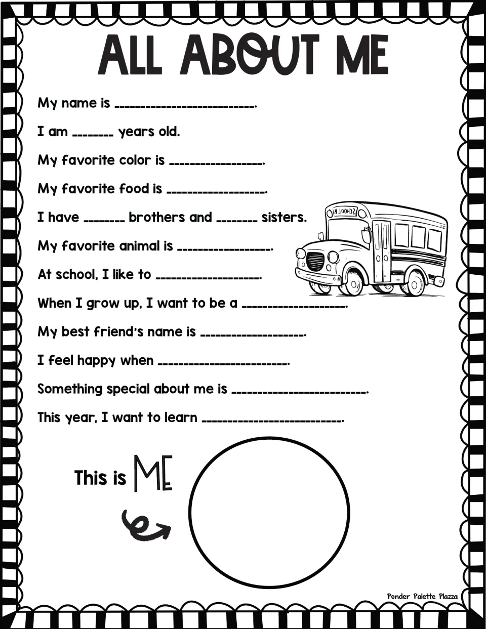 All About Me: students complete 12 sentence starters on age, favorites, family and goals, then draw a self-portrait