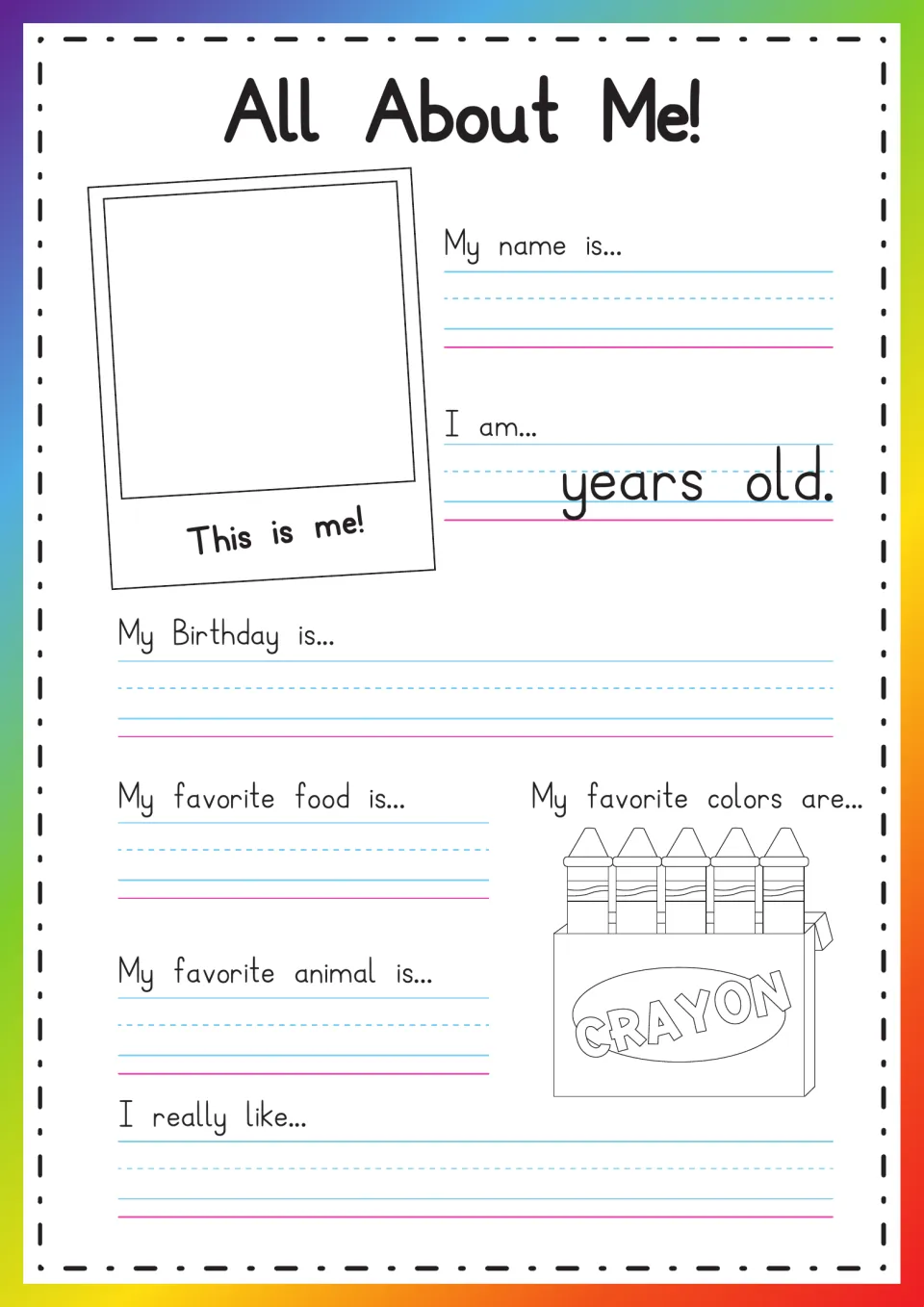 All About Me! sheet: students draw themselves in the This is me! photo frame and write their name, age and birthday