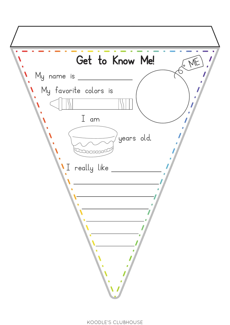 Get to Know Me! pennant cut-out: students write their name and age beside a birthday cake and draw themselves in a circle