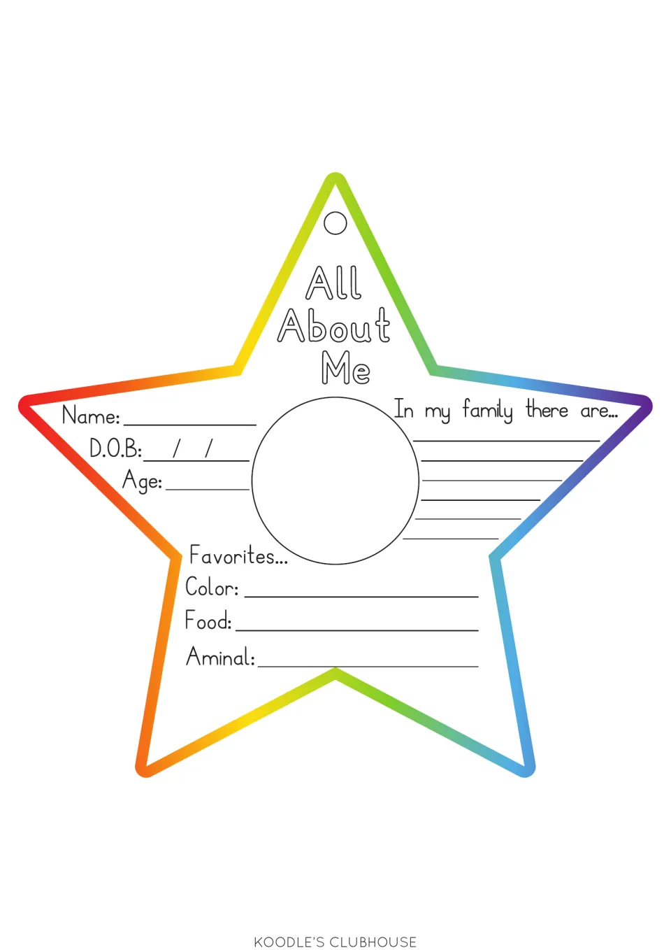 All About Me star cut-out: students fill in their name, D.O.B. and age and draw a self-portrait in the center circle