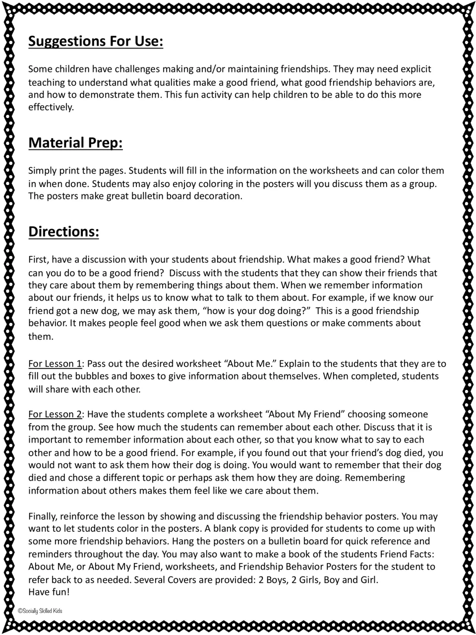 Teacher directions for About Me and About My Friend worksheets, friendship poster discussions, and student books