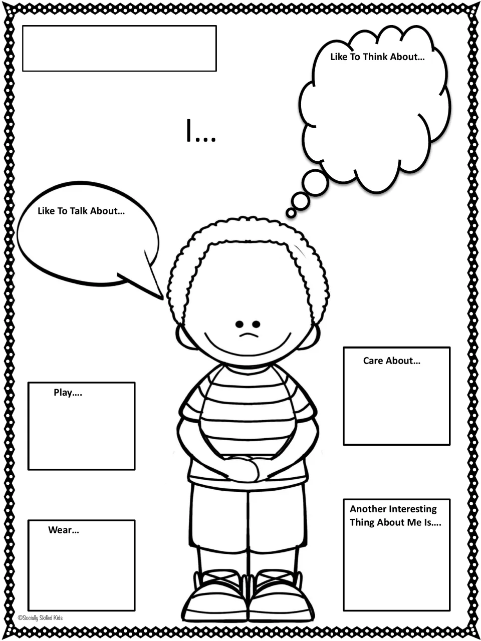 About Me worksheet featuring a curly-haired boy and six prompts about thoughts, talk, play, clothing, and more