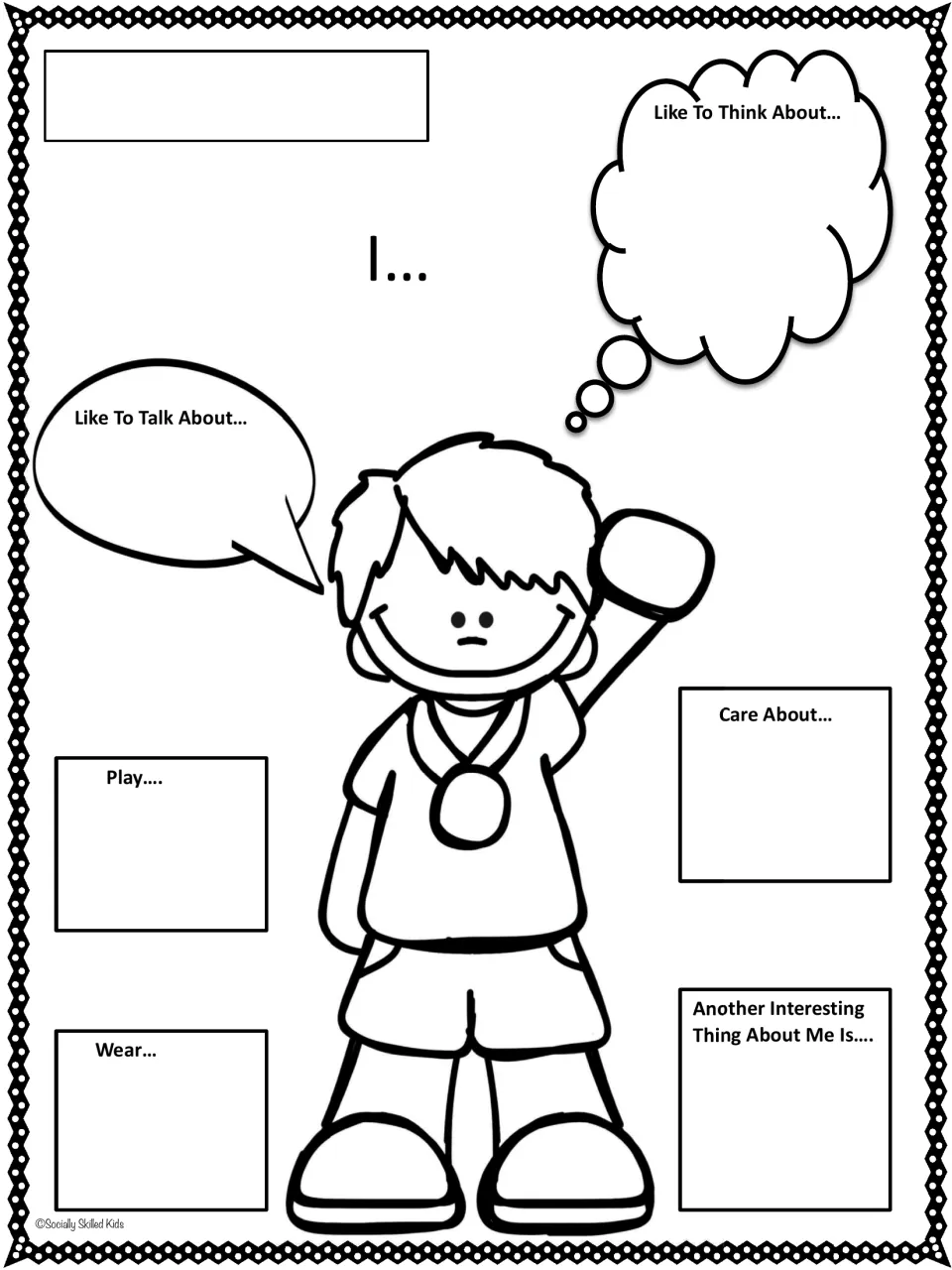 About Me worksheet featuring a boy wearing a medal and six prompts about thoughts, talk, play, clothing, and more