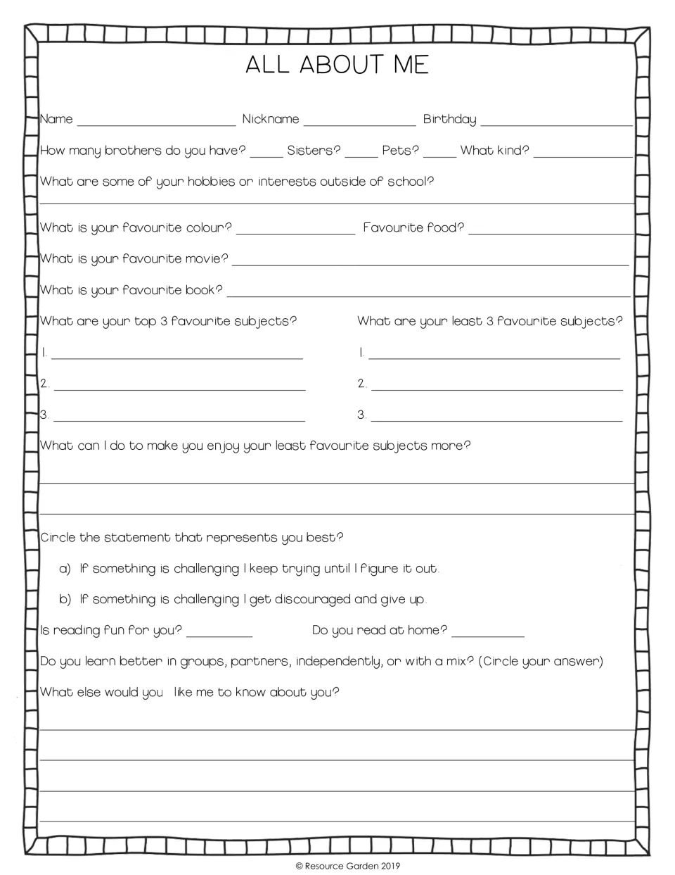 All About Me questionnaire: students share their name, birthday, pets, hobbies, favourites and top and least liked subjects