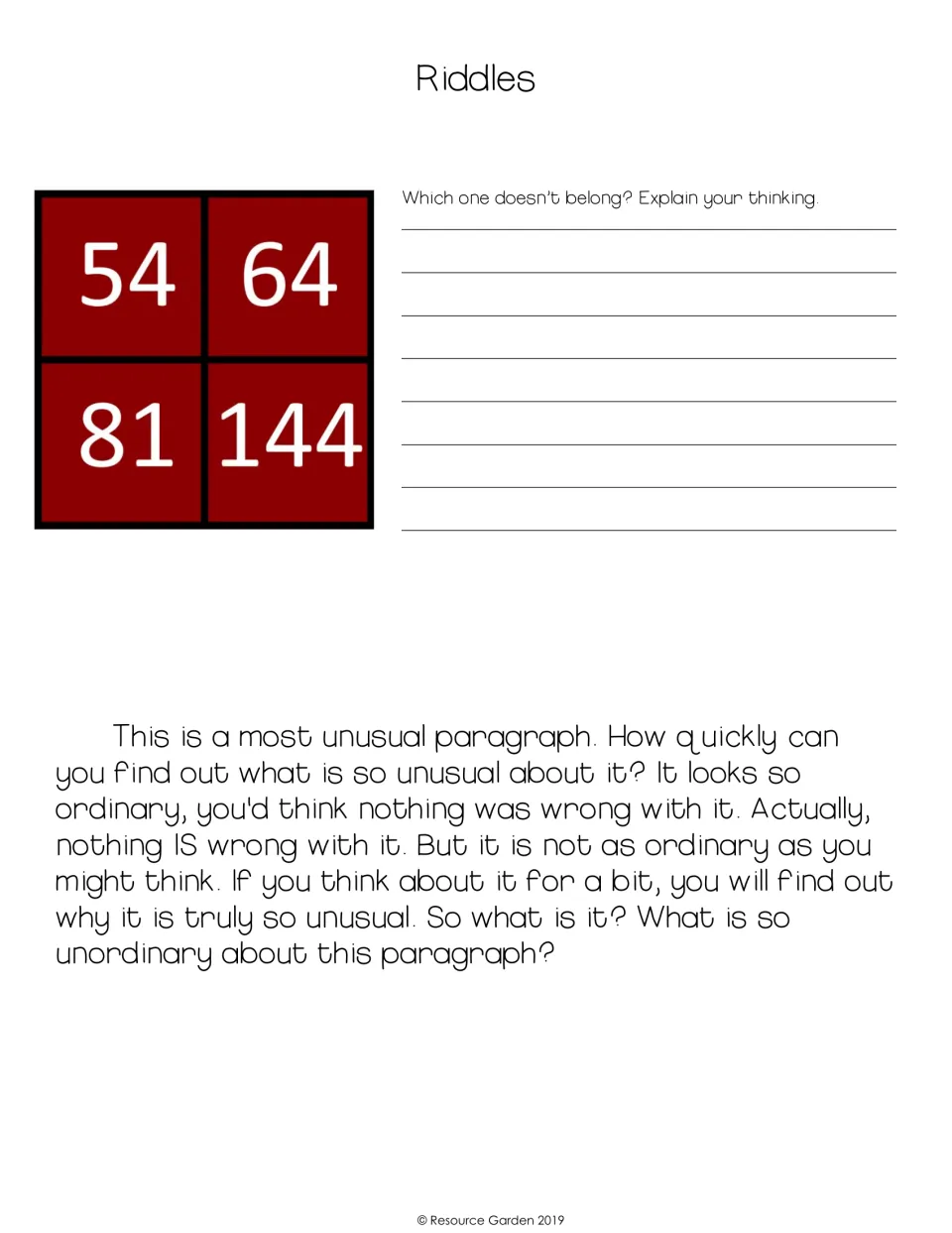 Riddles: students explain which of 54, 64, 81 and 144 doesn't belong, then find what is unusual about a short paragraph
