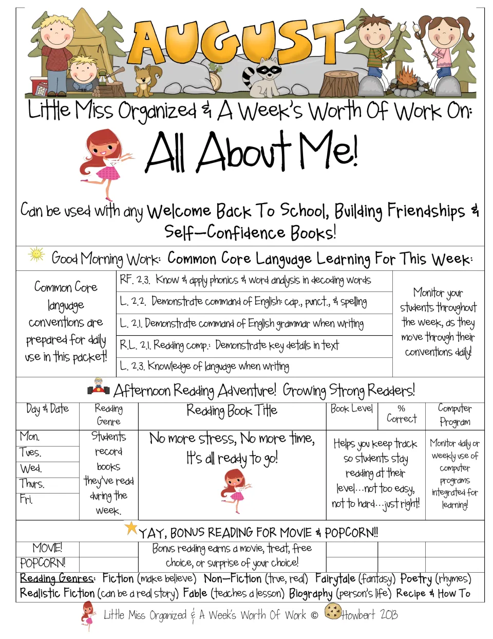 August cover for a week of All About Me work: morning language skills, daily reading log and a bonus movie reward